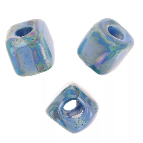 Cuentas de cerámica en forma de cubo de 5 mm - Azul jaspeado iridiscente x5