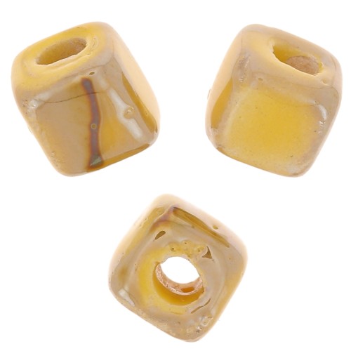 Perlas de cerámica en forma de cubo de 5 mm - Mostaza jaspeado iridiscente x5