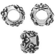 Cuenta redonda de 10 mm - diseño de flores - agujero grande - Plata envejecida x1