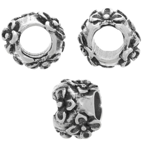 Cuenta redonda de 10 mm - diseño de flores - agujero grande - Plata envejecida x1