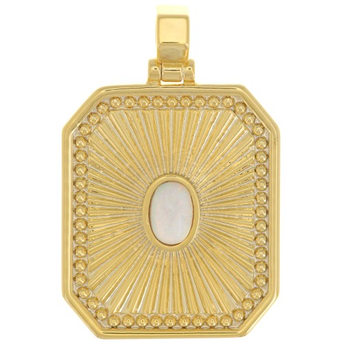 Colgante de placa texturizada 32x20 mm con cabujón de ópalo de imitación - Blanco - Oro x1