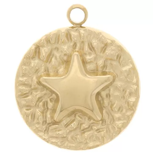 Colgante de estrella redonda con textura de 14 mm - Acero inoxidable dorado 316L x1