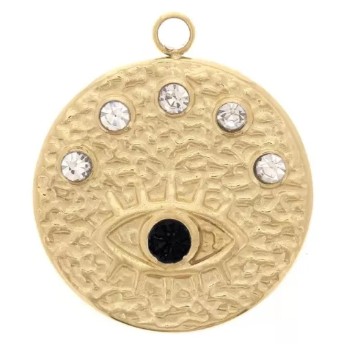 Colgante 15.5mm - motivo de ojo óxido de zirconio - Acero inox 304L dorado x1