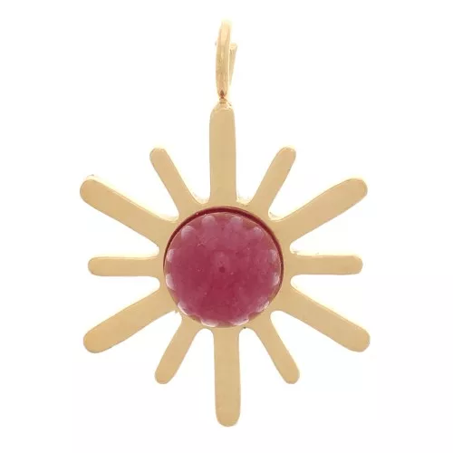 Dije Sol 15x10 mm & gema - Acero inoxidable 304 Dorado - Ágata roja