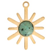Dije con forma de sol, 13,5 x 10,5 mm - Acero inoxidable 316L dorado - Turquesa africana - Jaspe