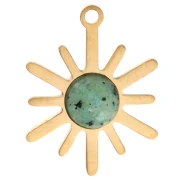 Dije con forma de sol, 13,5 x 10,5 mm - Acero inoxidable 316L dorado - Turquesa africana - Jaspe