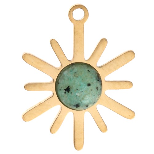 Dije con forma de sol, 13,5 x 10,5 mm - Acero inoxidable 316L dorado - Turquesa africana - Jaspe