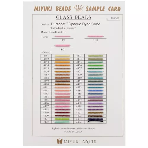 Miyuki Rocalla 8/0 11/0 15/0 Tarjeta de muestra (no. 1002) Duracoat Opaque Dyed