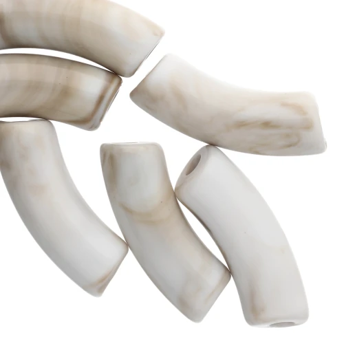 Cuentas tubo curvadas 35x11 mm en acrílico opaco - Blanco jaspeado - Marrón x6