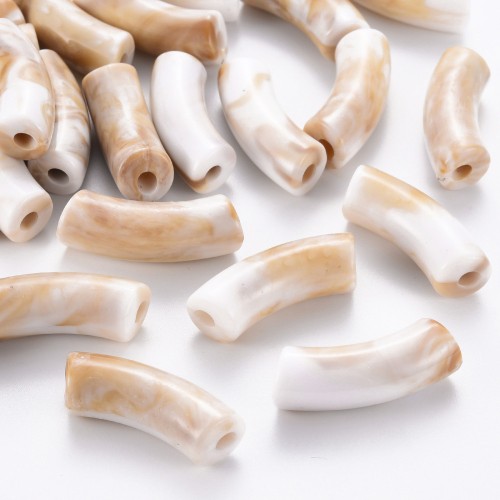 Perlas de tubo curvo de acrílica opaca 35x11 mm - Blanco jaspeado - Marrón x6