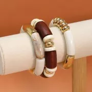 Perlas de tubo curvo de acrílica opaca 35x11 mm - Blanco jaspeado - Marrón x6