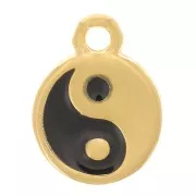 Charm redondo de 9 mm con resina epoxi - Motivo Yin Yang - Dorado con oro fino - Negro