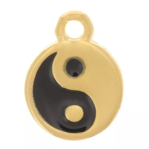Charm redondo de 9 mm con resina epoxi - Motivo Yin Yang - Dorado con oro fino - Negro