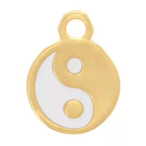 Colgante redondo de 9 mm con resina epoxi - Motivo Yin Yang - Dorado con oro fino - Blanco
