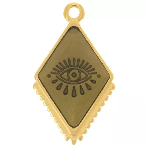 Colgante Rombo 24x14 mm con resina epoxi - motivo ojo - Dorado con oro fino - Gris