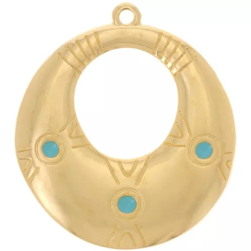Colgante étnico ovalado 31x28 mm con resina epoxi - Dorado con oro fino - Turquesa