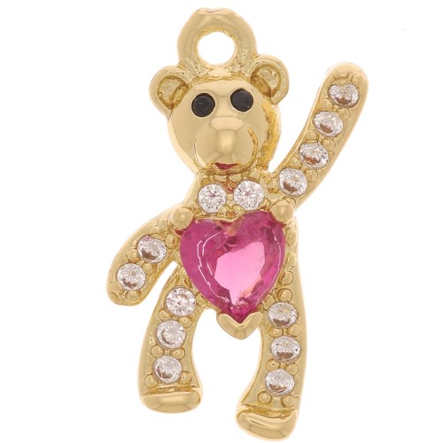 Dije de Oso con óxido de zirconio 16x8 mm - Dorado - Cristal - Fucsia x1