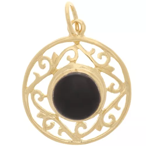 Colgante arabesco redondo calado 19mm piedra preciosa Dorado oro fino oro fino Onix negro