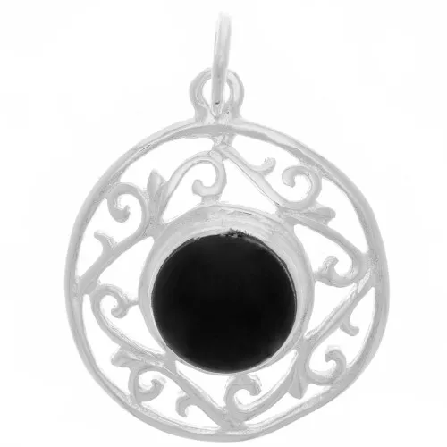 Colgante redondo calado 19mm y piedra preciosa - Chapado en plata fina - Onix negro