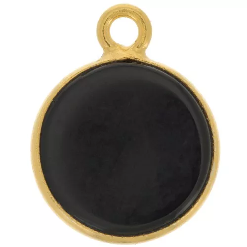 Dije redondo 11 mm - Piedra preciosa - Plata de ley 925 dorada - Ónix negro x1