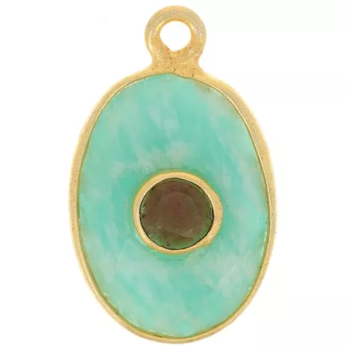 Colgante ovalado facetado 18,5x11,5 mm - Chapado en Oro fino - Amazonita - Granate x1