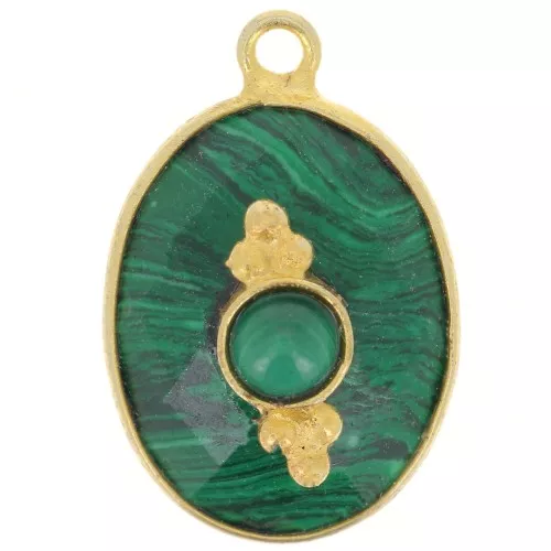 Colgante ovalado facetado 20x13mm con engaste - Dorado Oro con Oro fino - Imitación Malaquita
