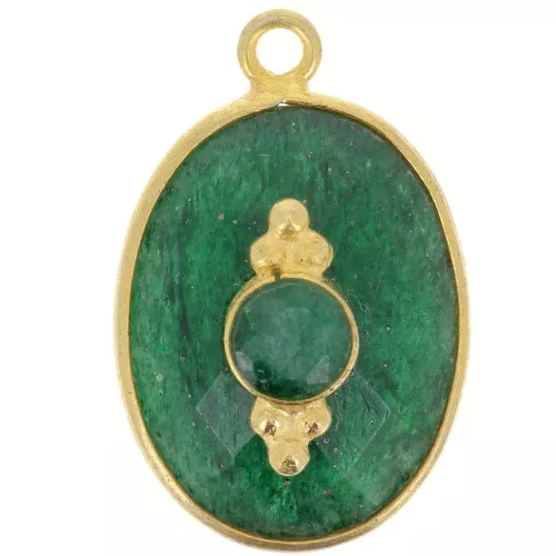 Colgante ovalado facetado 20x13mm con engaste - Dorado Oro con Oro fino - Imitación Esmeralda