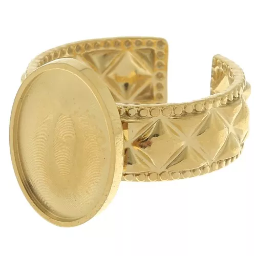 Anillo texturizado ajustable - base plana de cabujón 14x10 mm - acero inoxidable dorado 304