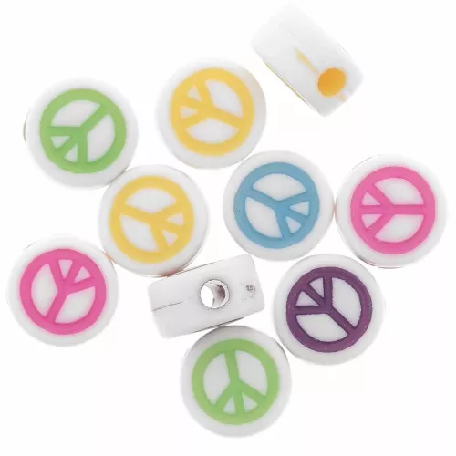 Juego de 10 cuentas redondas 7 mm - paz y amor - Blanco - Multicolor