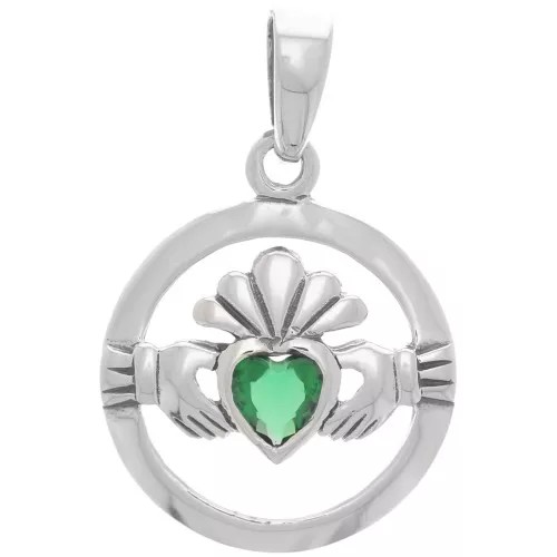 Colgante Claddagh redondo y calado con cristal 15 mm - Plata 925 - Esmeralda x1