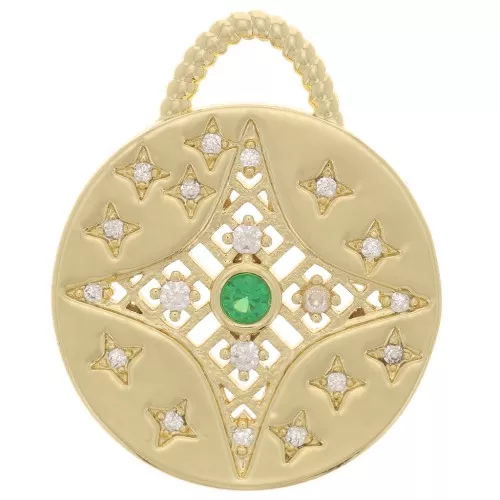Colgante redondo con óxido de zirconio 18,5 mm - motivo estrella - Dorado - Verde - Cristal x1