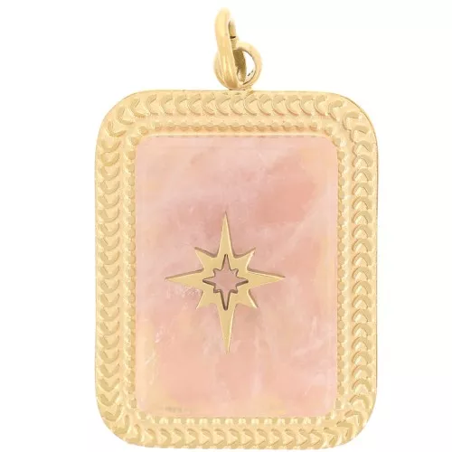 Colgante rectángulo 20x14 mm piedra preciosa - Acero inoxidable 316L ORO - Cuarzo rosa x1