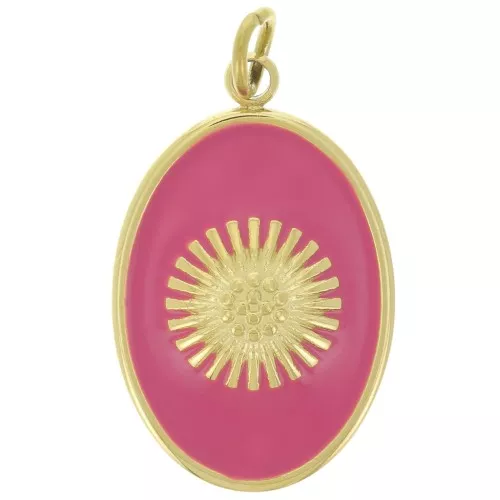 Colgante oval 20x13mm motivo sol - resina epoxi Acero inoxidable 316L Dorado - Fucsia