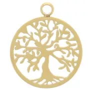 Colgante redondo de 15 mm - motivo del árbol de la vida - Acero inoxidable 316L dorado x1