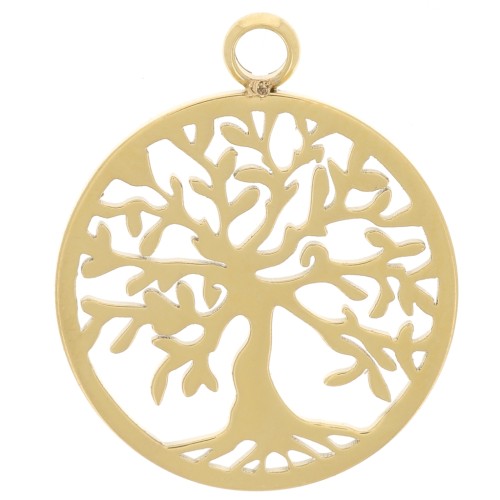 Colgante redondo de 15 mm - motivo del árbol de la vida - Acero inoxidable 316L dorado x1