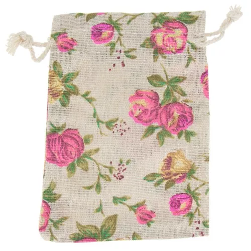 Pochon en coton motif Roses pour bijoux - 95x135 mm - Naturel - Fuchsia - Vert x1