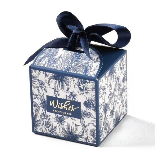 Caja de regalo con cinta 7x7 cm - diseño de flores - Azul oscuro