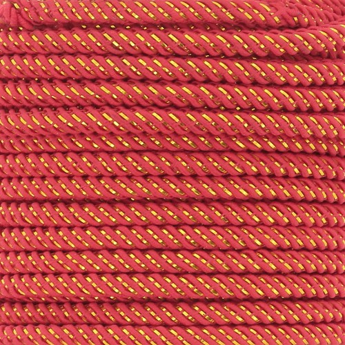 Cordón de poliéster trenzado e hilo metálico de 3 mm - Rojo - Oro x1m