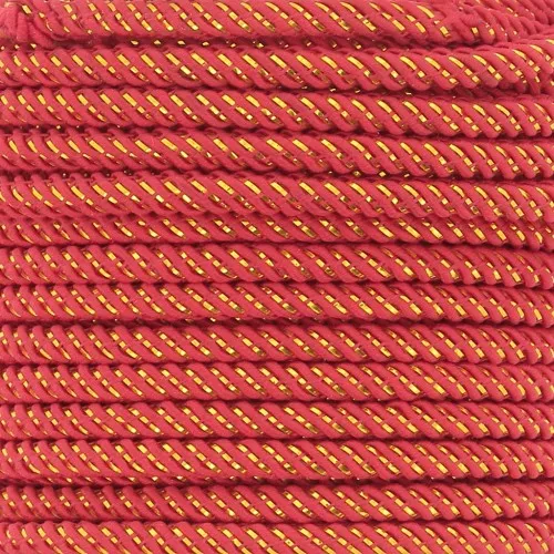 Cordón de poliéster trenzado e hilo metálico de 3 mm - Rojo - Oro x1m