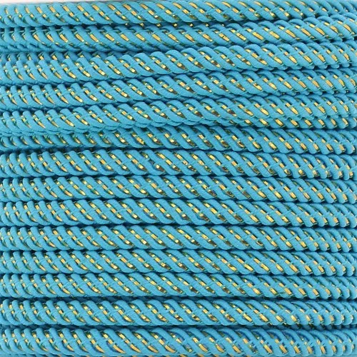 Cordón de poliéster trenzado e hilo metálico 3 mm - Turquesa - Oro x1m