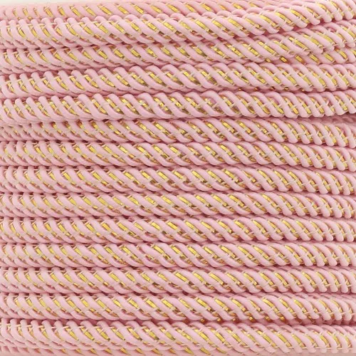 Cordón de poliéster trenzado e hilo metálico de 3 mm - Rosa claro - Oro x1m