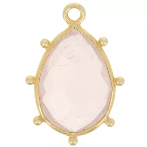 Colgante gota facetada y bolitas 19x13mm Plata 925 Oro Fino Cuarzo Rosa