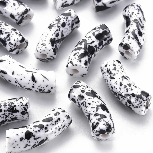 Perlas de tubo curvado de acrílica opaca 35x11 mm - Negro - Blanco manchado x6