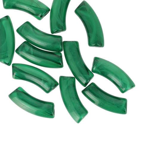 Cuentas tubulares curvas de acrílica  transparente 35x11 mm - Verde oscuro jaspeado x6