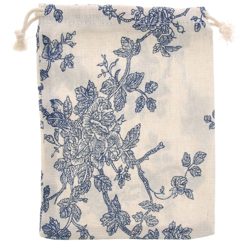 Bolsa de arpillera para joyas con rosas 17,5x13 cm - Crudo - Azul oscuro x1