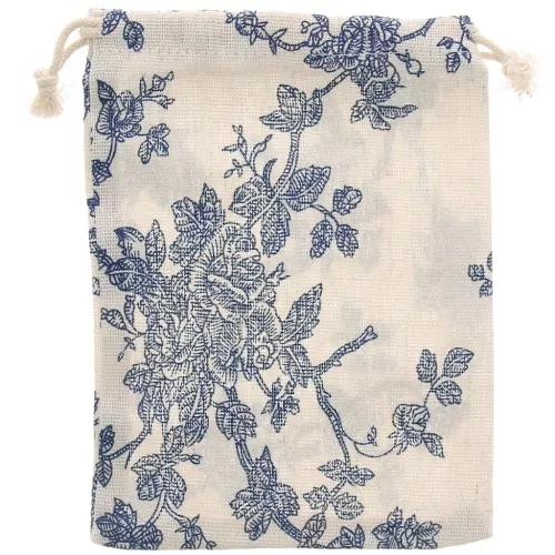 Bolsa de arpillera para joyas con rosas 17,5x13 cm - Crudo - Azul oscuro x1
