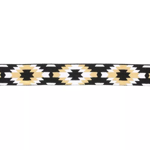 Cinta elástica azteca de fantasía 15 mm - Negro - Blanco - Dorado x1m