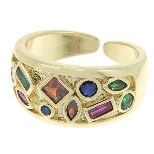 Anillo grande con óxido de zirconio - formas geométricas - Dorado - Multicolor x1
