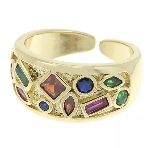 Anillo grande con óxido de zirconio - formas geométricas - Dorado - Multicolor x1