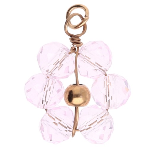 Colgante de flor de 12 mm con cuentas de cristal facetadas - Acero inoxidable dorado en tono Light rose x1
